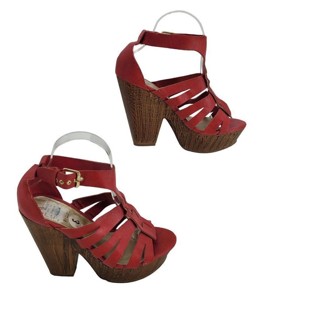 Y2K Guess Strappy Wedge Platform Sandals 8 Red Faux Vegan Leather Chunky Heels - Picture 10 of 15